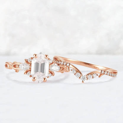Unique Hexagon Cut Moissanite Vine Gemstone Ring Set 2pcs