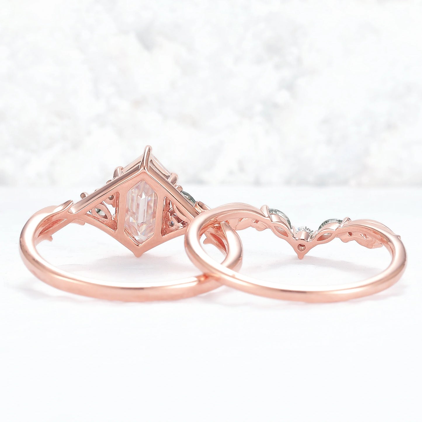 Unique Hexagon Cut Moissanite Vine Leaf Gemstone Ring Set 2pcs