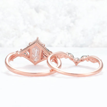 Unique Hexagon Cut Moissanite Vine Leaf Gemstone Ring Set 2pcs