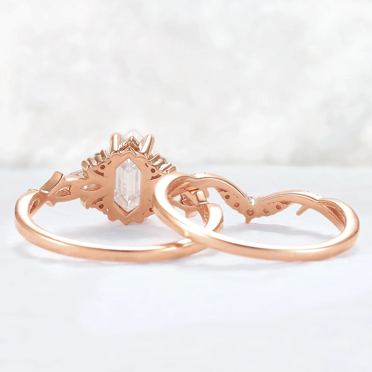 Unique Hexagon Cut Moissanite Vine Gemstone Ring Set 2pcs
