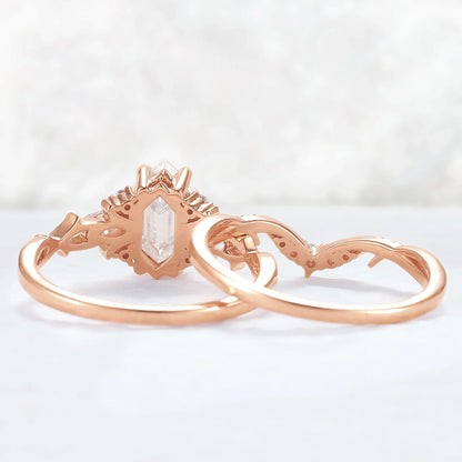 Unique Hexagon Cut Moissanite Vine Gemstone Ring Set 2pcs
