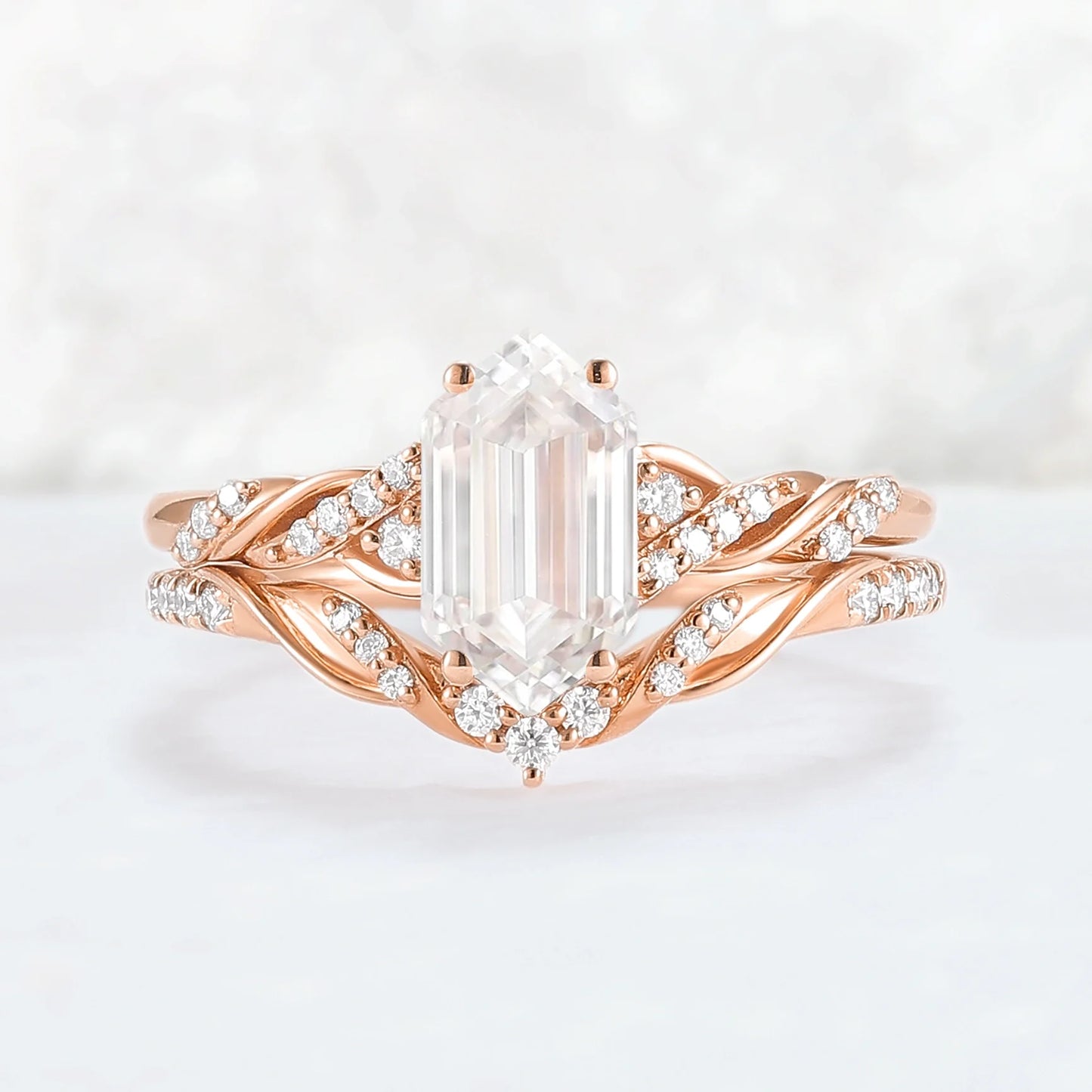 Unique Hexagon Cut Moissanite Vine Ring Set 2pcs