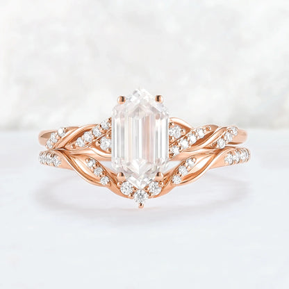 Unique Hexagon Cut Moissanite Vine Ring Set 2pcs