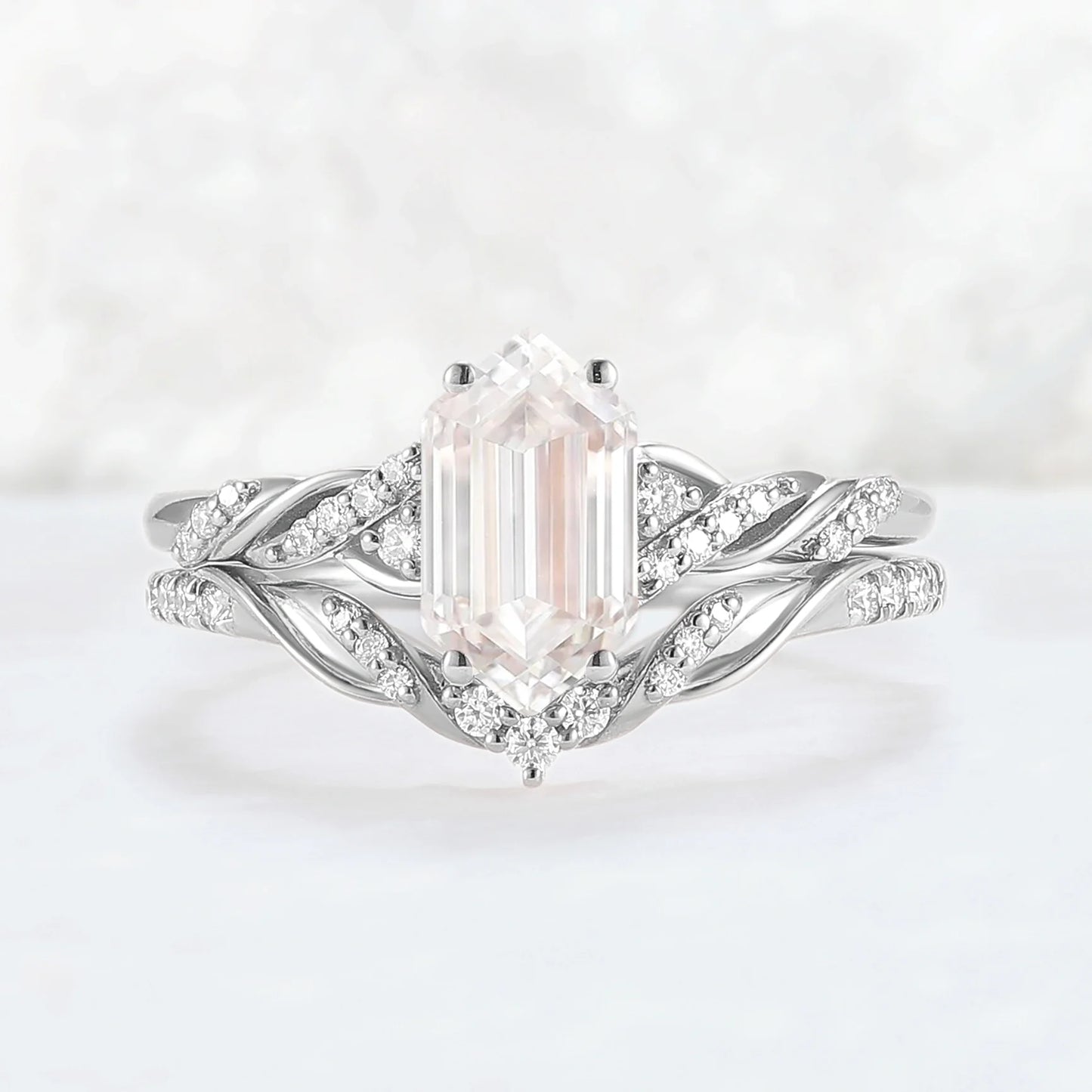 Unique Hexagon Cut Moissanite Vine Ring Set 2pcs