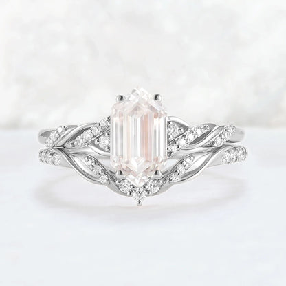 Unique Hexagon Cut Moissanite Vine Ring Set 2pcs