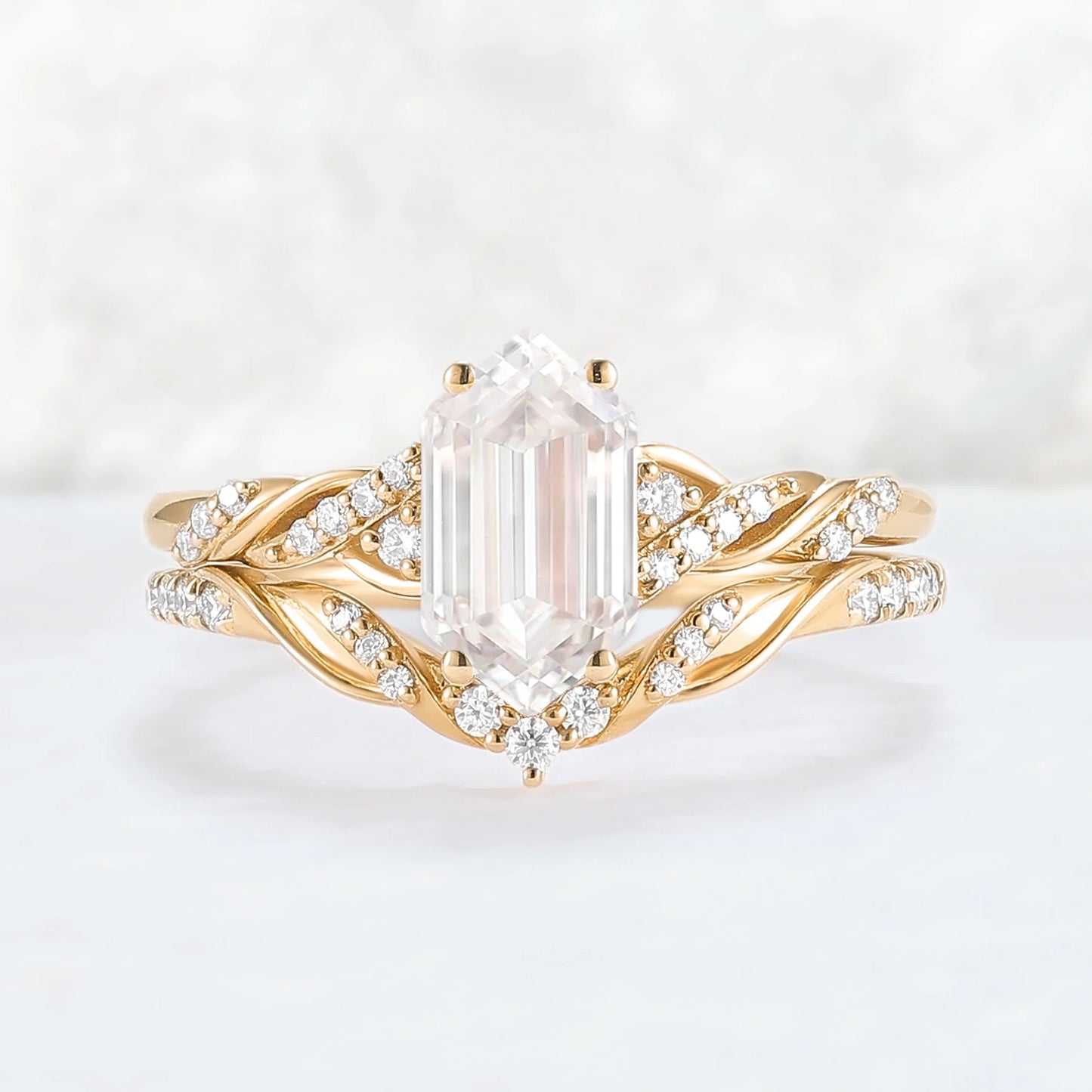 Unique Hexagon Cut Moissanite Vine Ring Set 2pcs