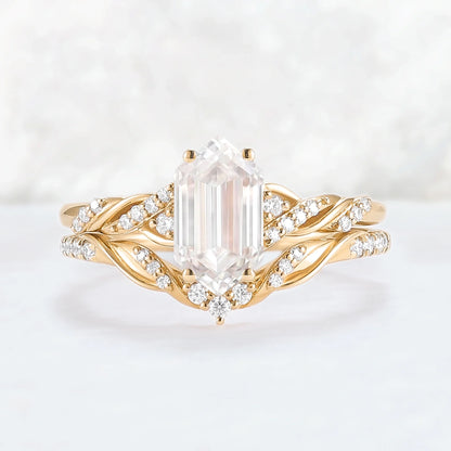 Unique Hexagon Cut Moissanite Vine Ring Set 2pcs