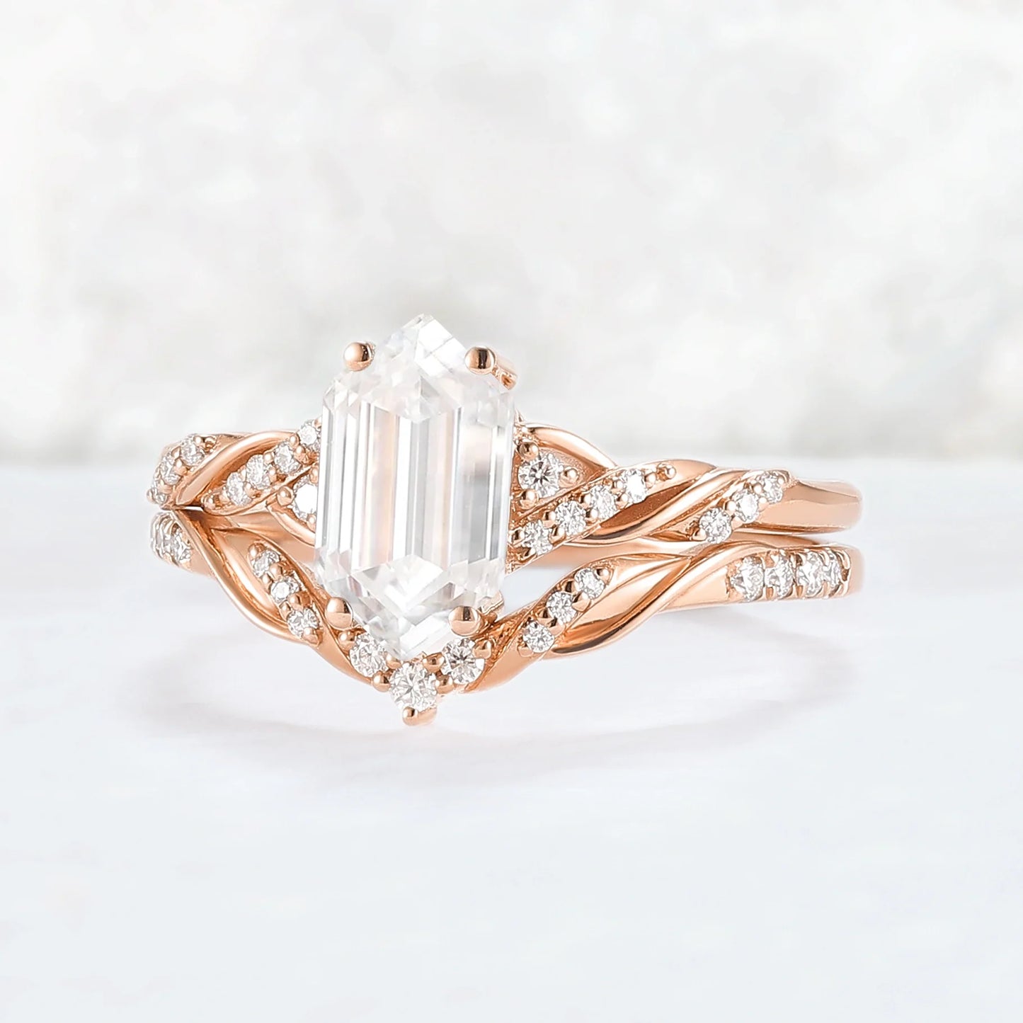 Unique Hexagon Cut Moissanite Vine Ring Set 2pcs