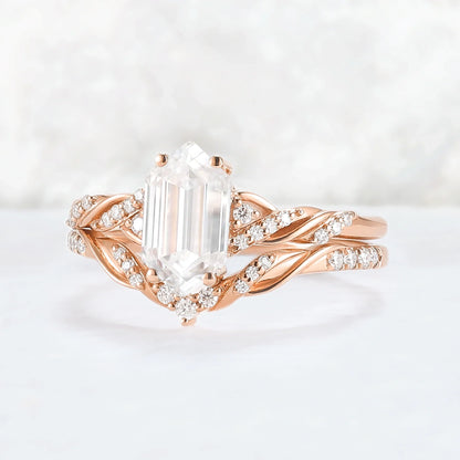 Unique Hexagon Cut Moissanite Vine Ring Set 2pcs