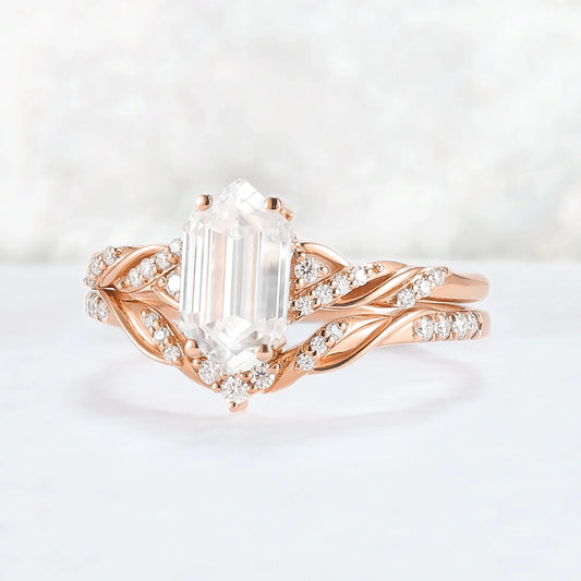 Unique Hexagon Cut Moissanite Vine Ring Set 2pcs