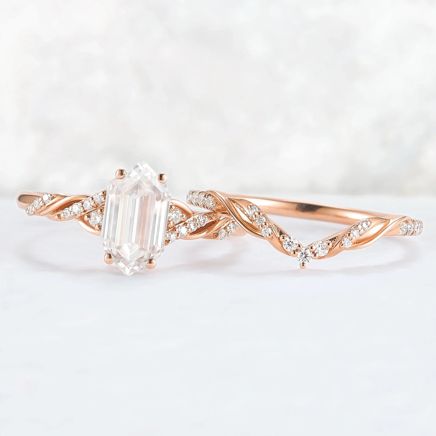 Unique Hexagon Cut Moissanite Vine Ring Set 2pcs