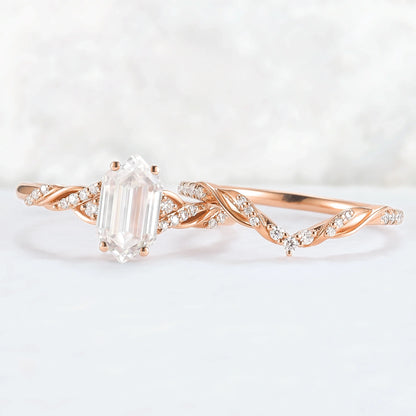 Unique Hexagon Cut Moissanite Vine Ring Set 2pcs