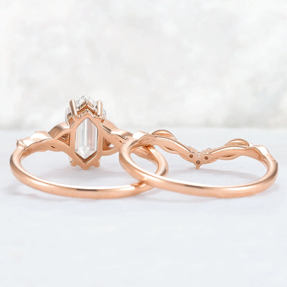 Unique Hexagon Cut Moissanite Vine Ring Set 2pcs
