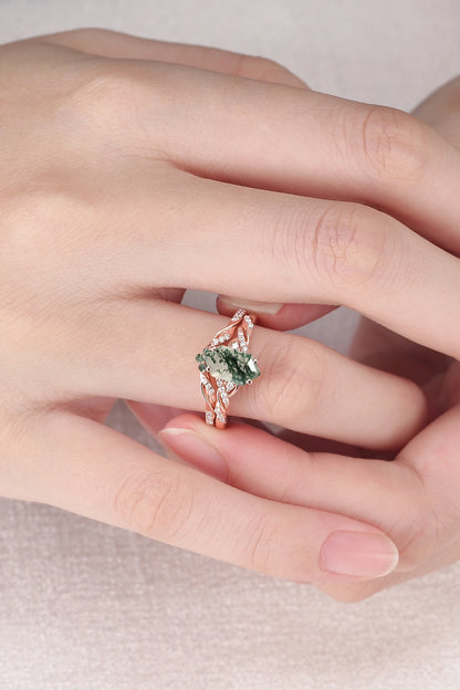 Unique Hexagon Cut Moss Agate Twist Ring Set 2pcs