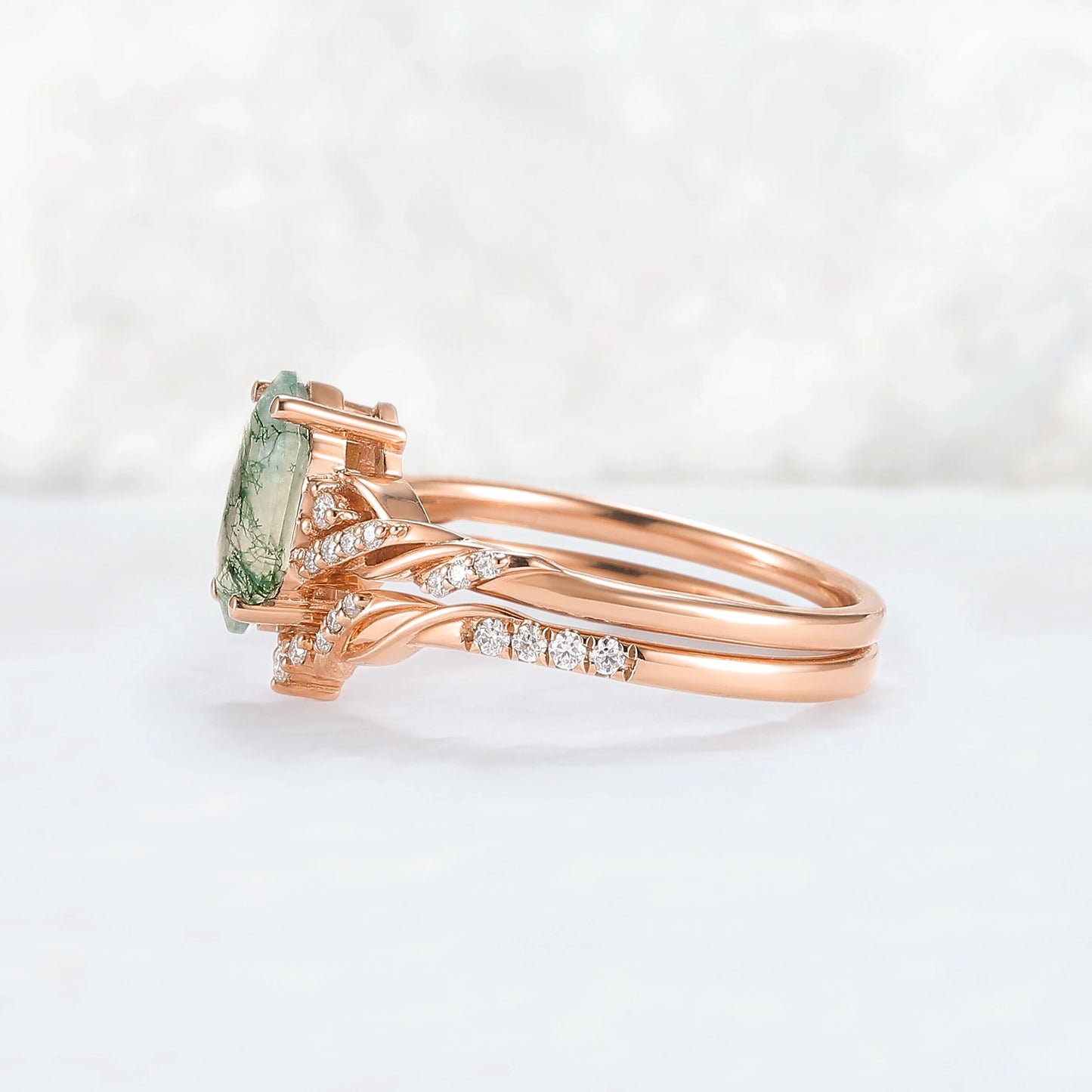 Unique Hexagon Cut Moss Agate Vine Ring Set 2pcs