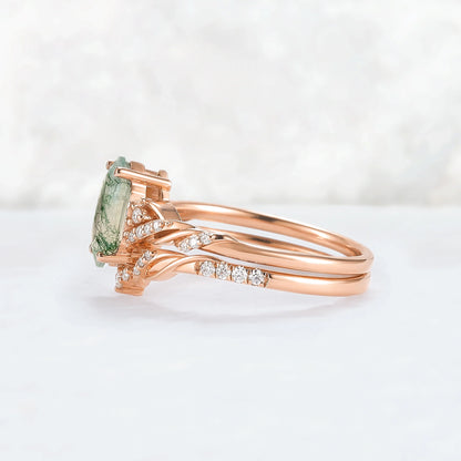 Unique Hexagon Cut Moss Agate Vine Ring Set 2pcs