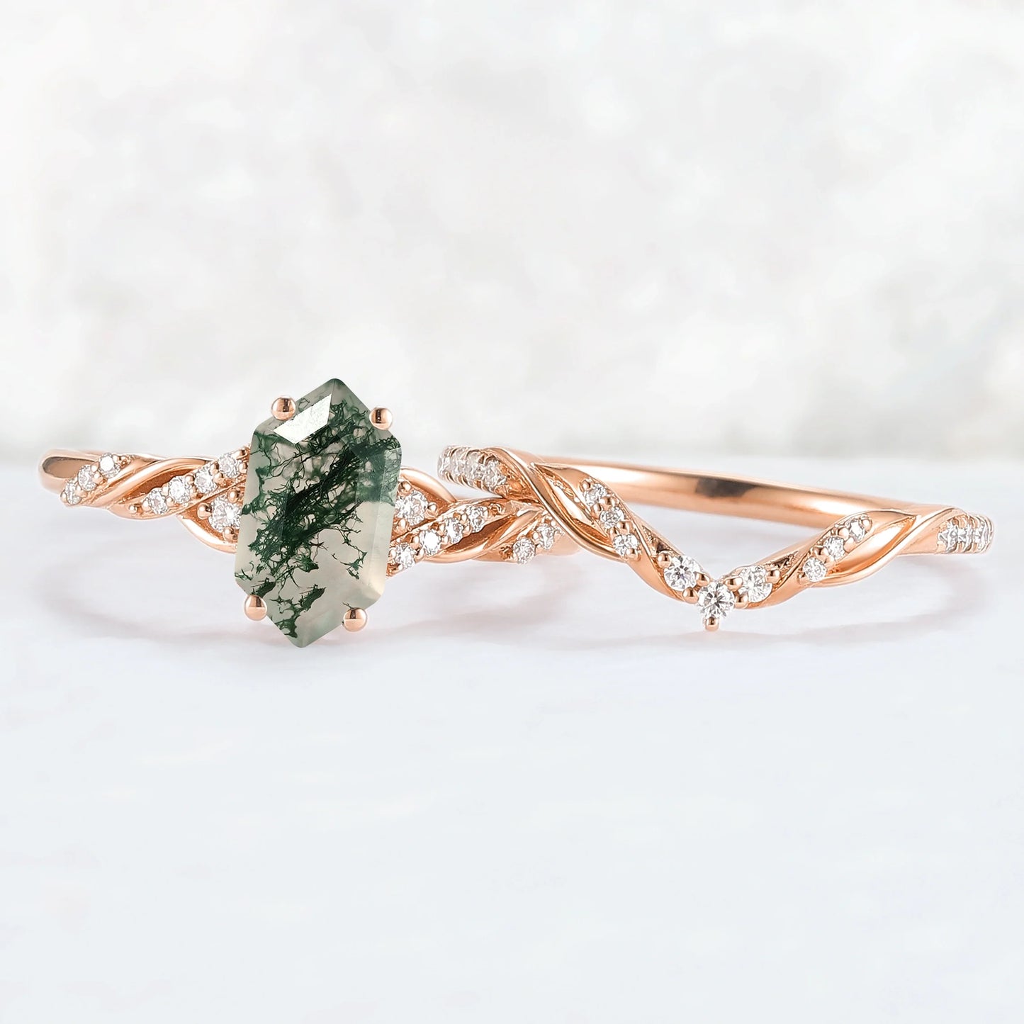 Unique Hexagon Cut Moss Agate Vine Ring Set 2pcs