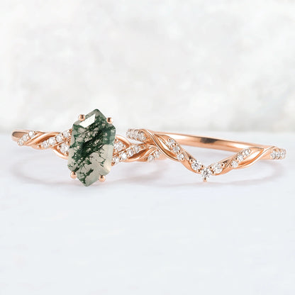 Unique Hexagon Cut Moss Agate Vine Ring Set 2pcs