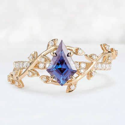 Unique Kite Cut Alexandrite Leaf and Vine Gemstone Ring