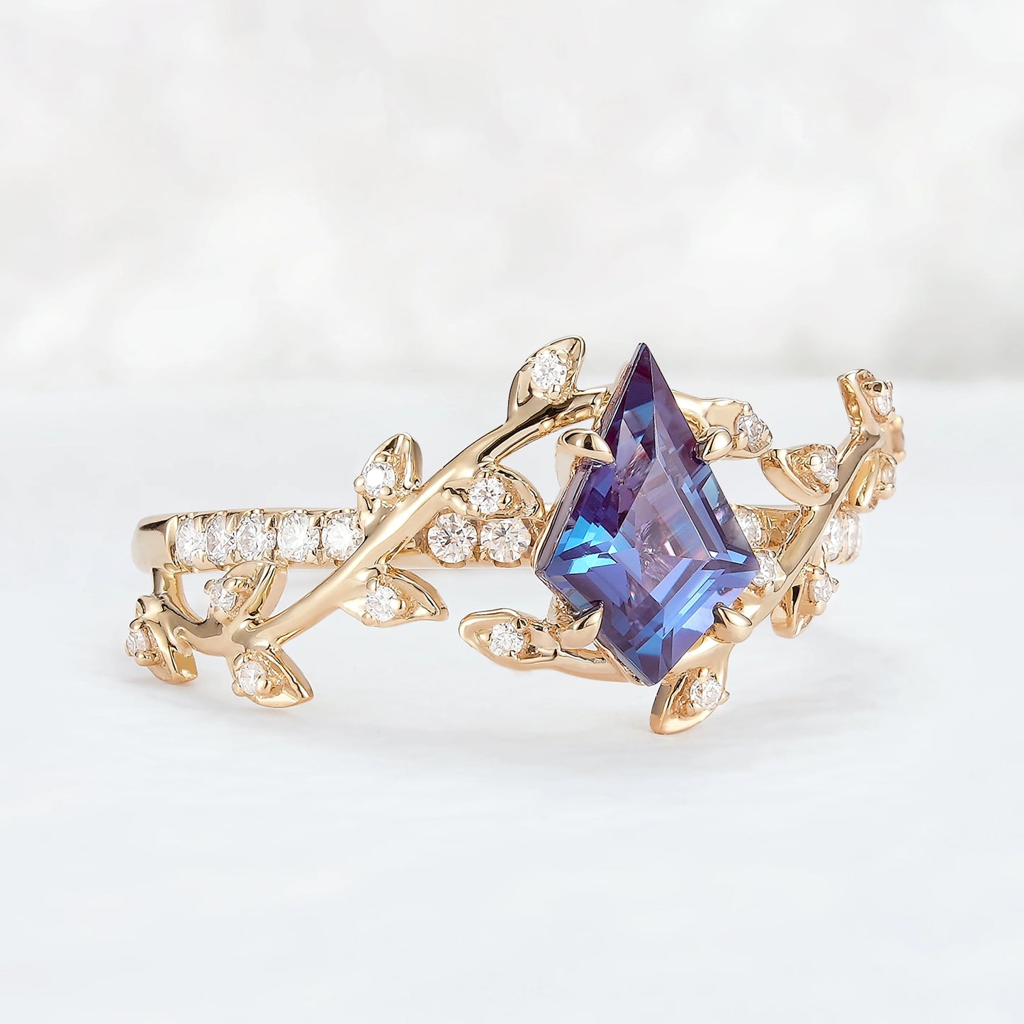 Unique Kite Cut Alexandrite Leaf and Vine Gemstone Ring