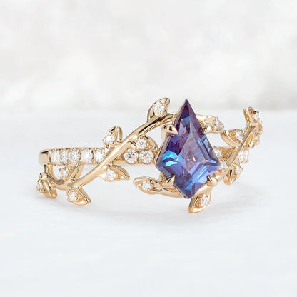 Unique Kite Cut Alexandrite Leaf and Vine Gemstone Ring