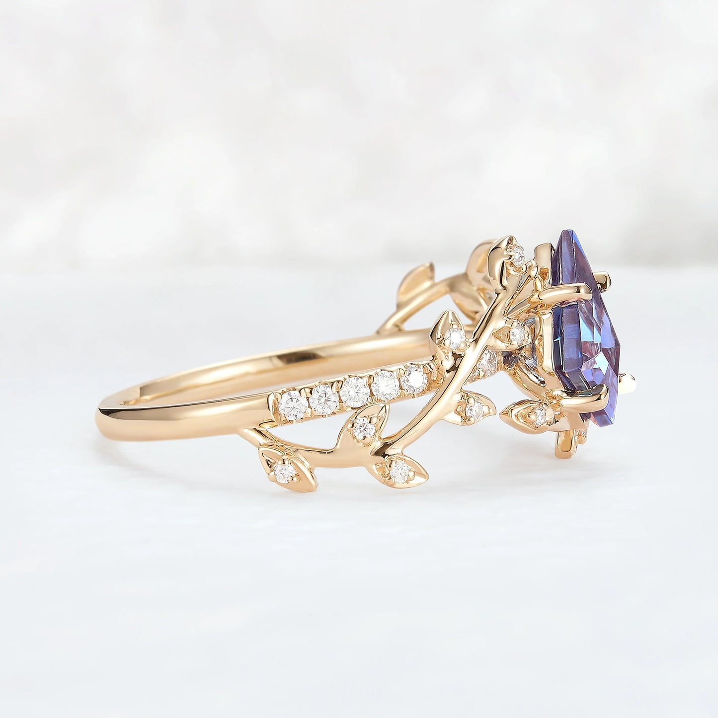 Unique Kite Cut Alexandrite Leaf and Vine Gemstone Ring