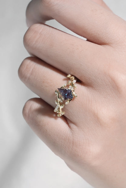 Unique Kite Cut Alexandrite Leaf and Vine Gemstone Ring
