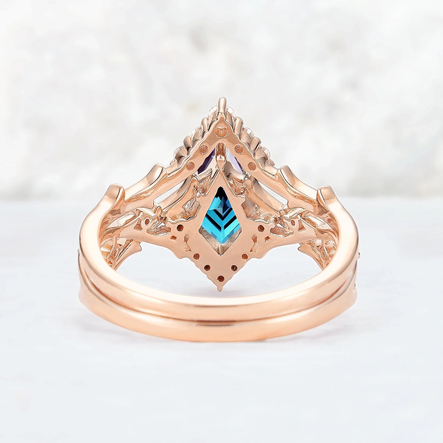 Unique Kite Cut Alexandrite Twig Gemstone Ring Set 2pcs