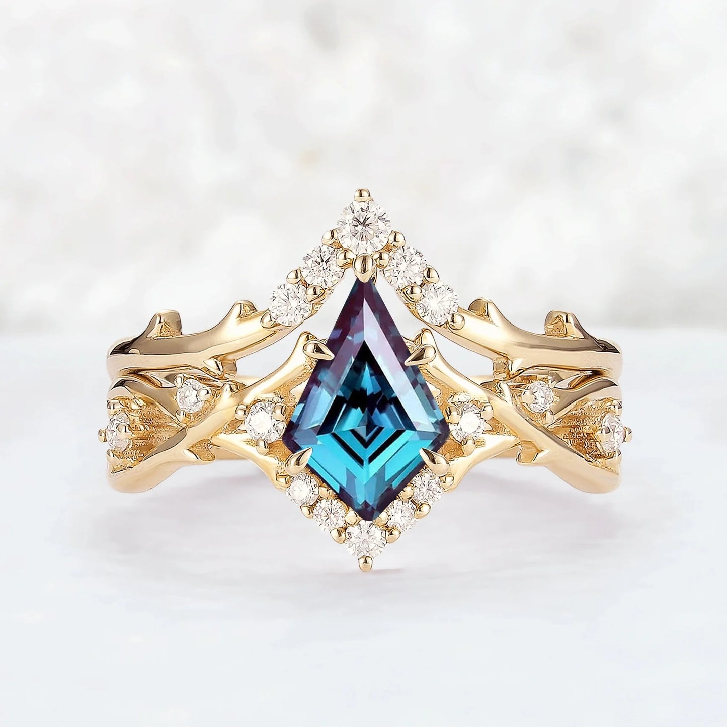 Unique Kite Cut Alexandrite Twig Gemstone Ring Set 2pcs