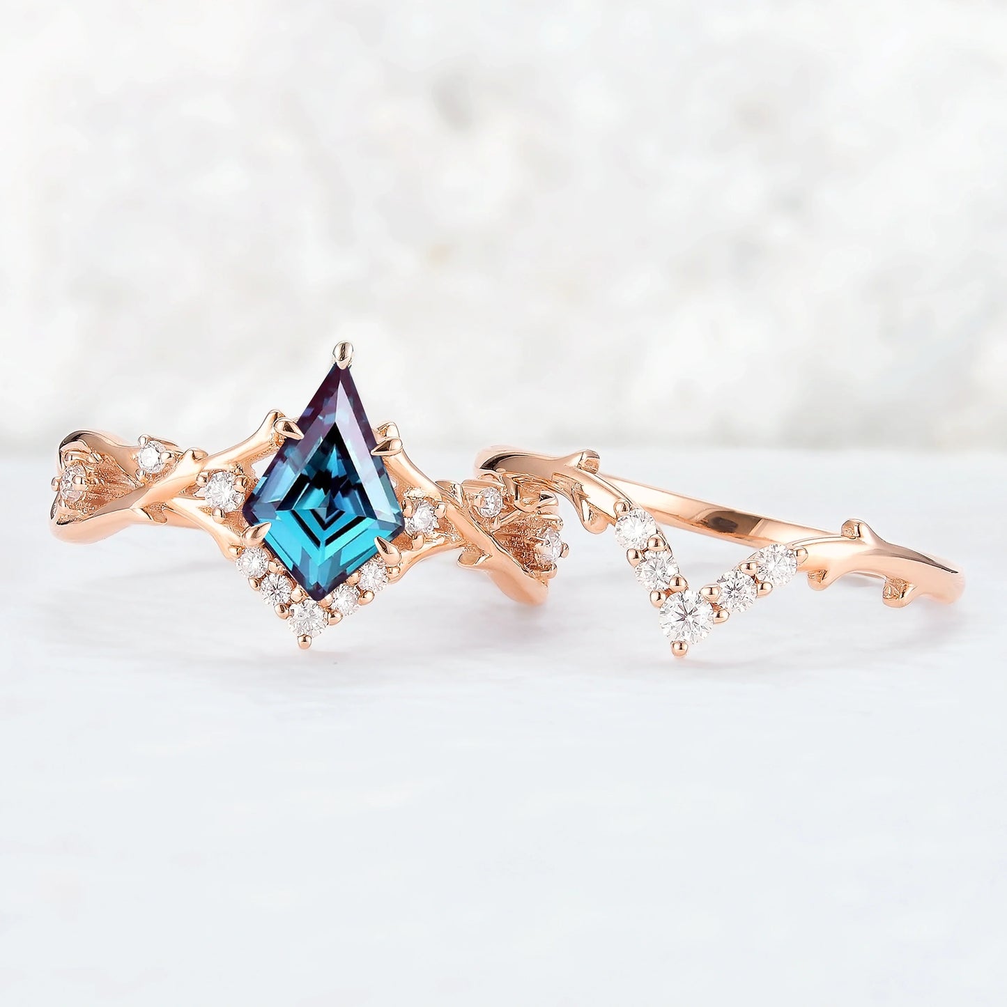 Unique Kite Cut Alexandrite Twig Gemstone Ring Set 2pcs