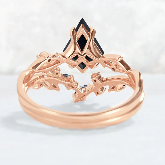 Unique Kite Cut Black Onyx Leaf and Vine Gemstone Ring Set 2pcs