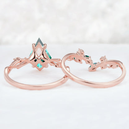Unique Kite Cut Emerald Leaf and Vine Ring Set 2pcs