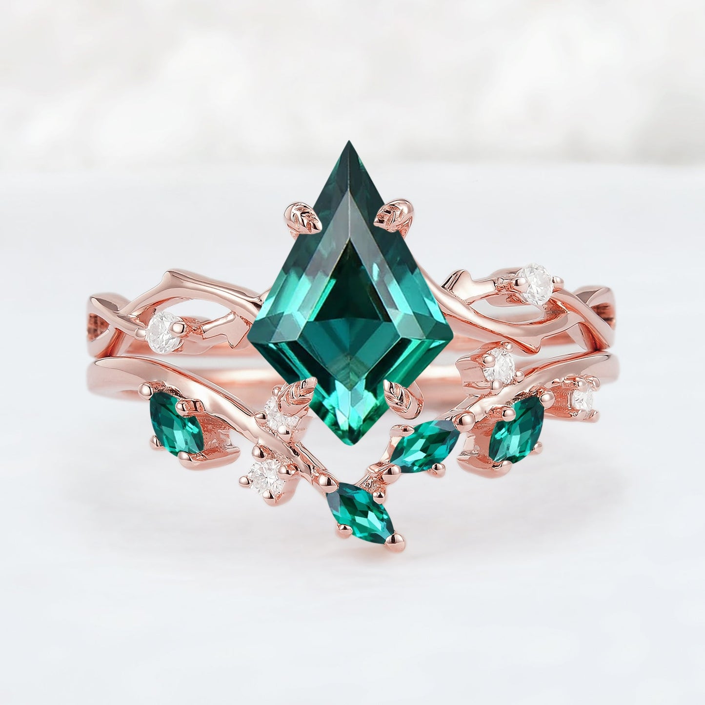 Unique Kite Cut Emerald Leaf and Vine Ring Set 2pcs