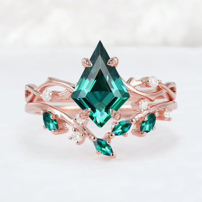 Unique Kite Cut Emerald Leaf and Vine Ring Set 2pcs