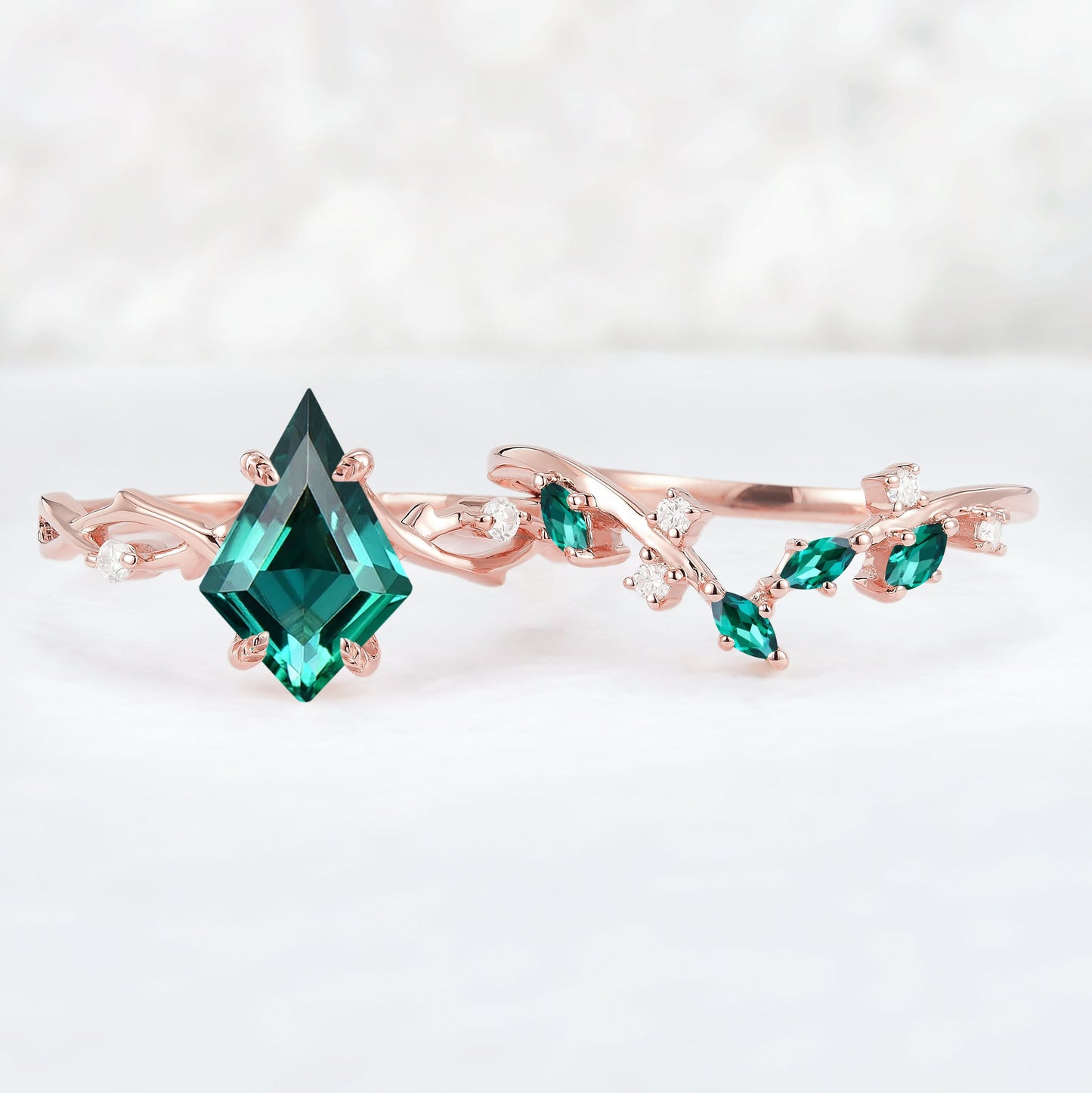 Unique Kite Cut Emerald Leaf and Vine Ring Set 2pcs