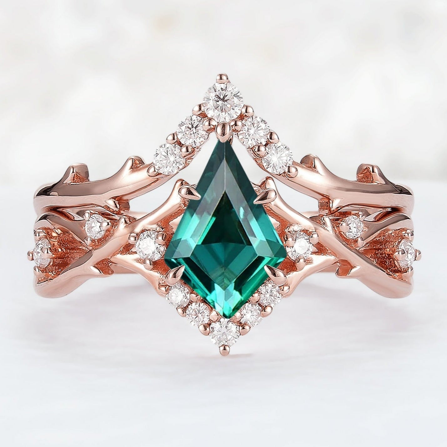 Unique Kite Cut Emerald Twig Gemstone Ring Set 2pcs