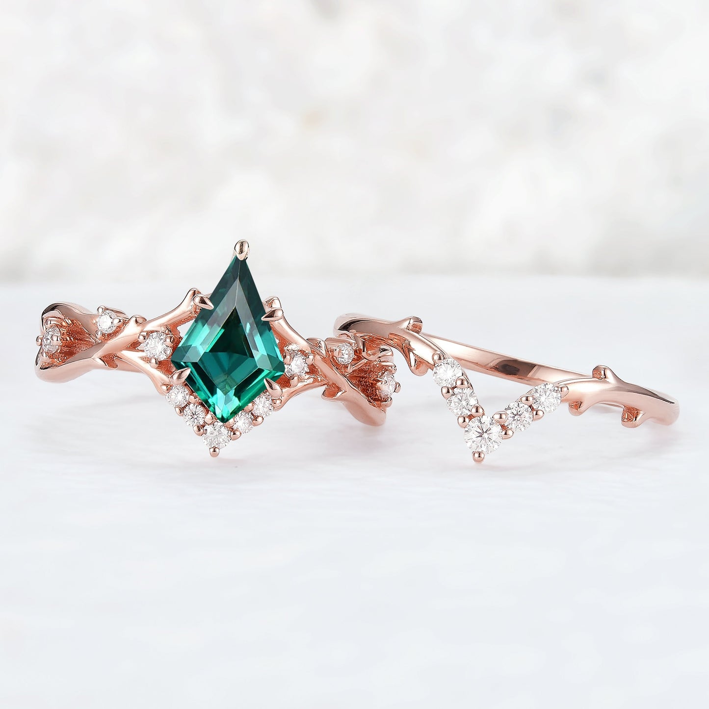 Unique Kite Cut Emerald Twig Gemstone Ring Set 2pcs