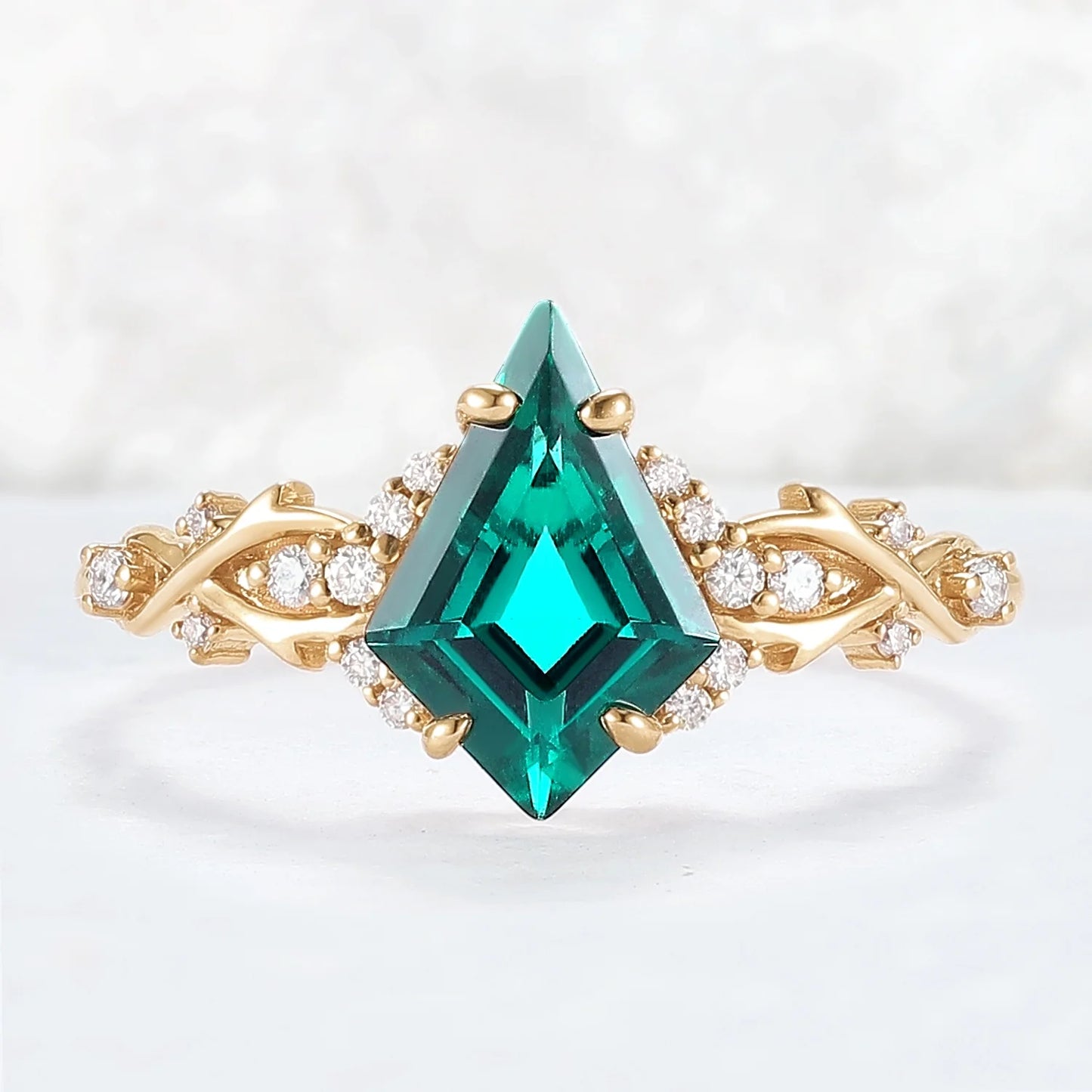 Unique Kite Cut Emerald with Moissanite Vine Gemstone Ring