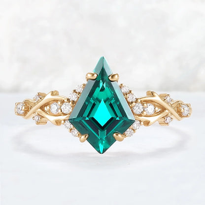 Unique Kite Cut Emerald with Moissanite Vine Gemstone Ring