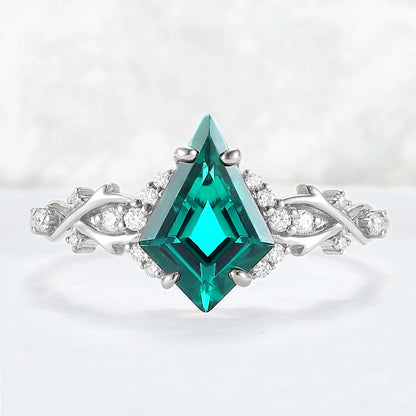 Unique Kite Cut Emerald with Moissanite Vine Gemstone Ring