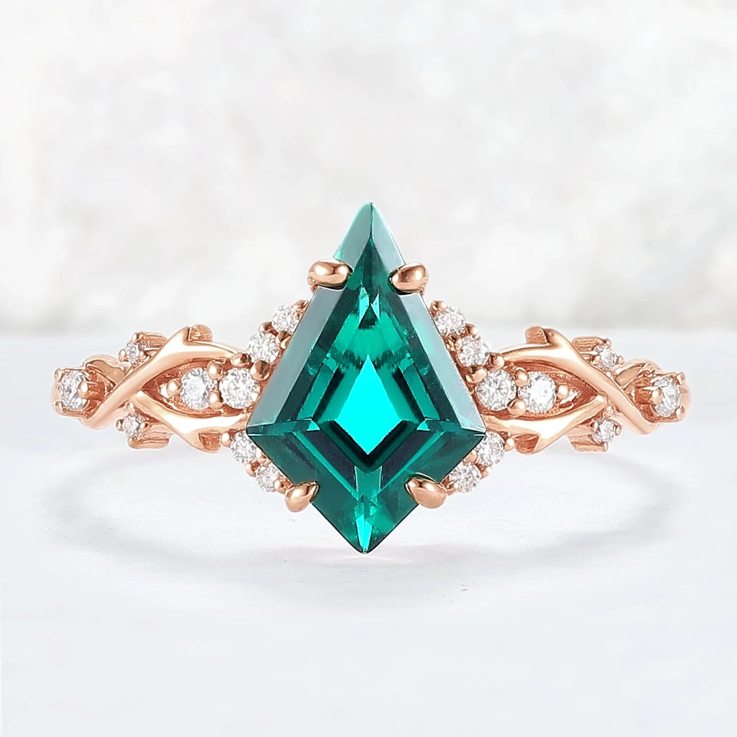 Unique Kite Cut Emerald with Moissanite Vine Gemstone Ring