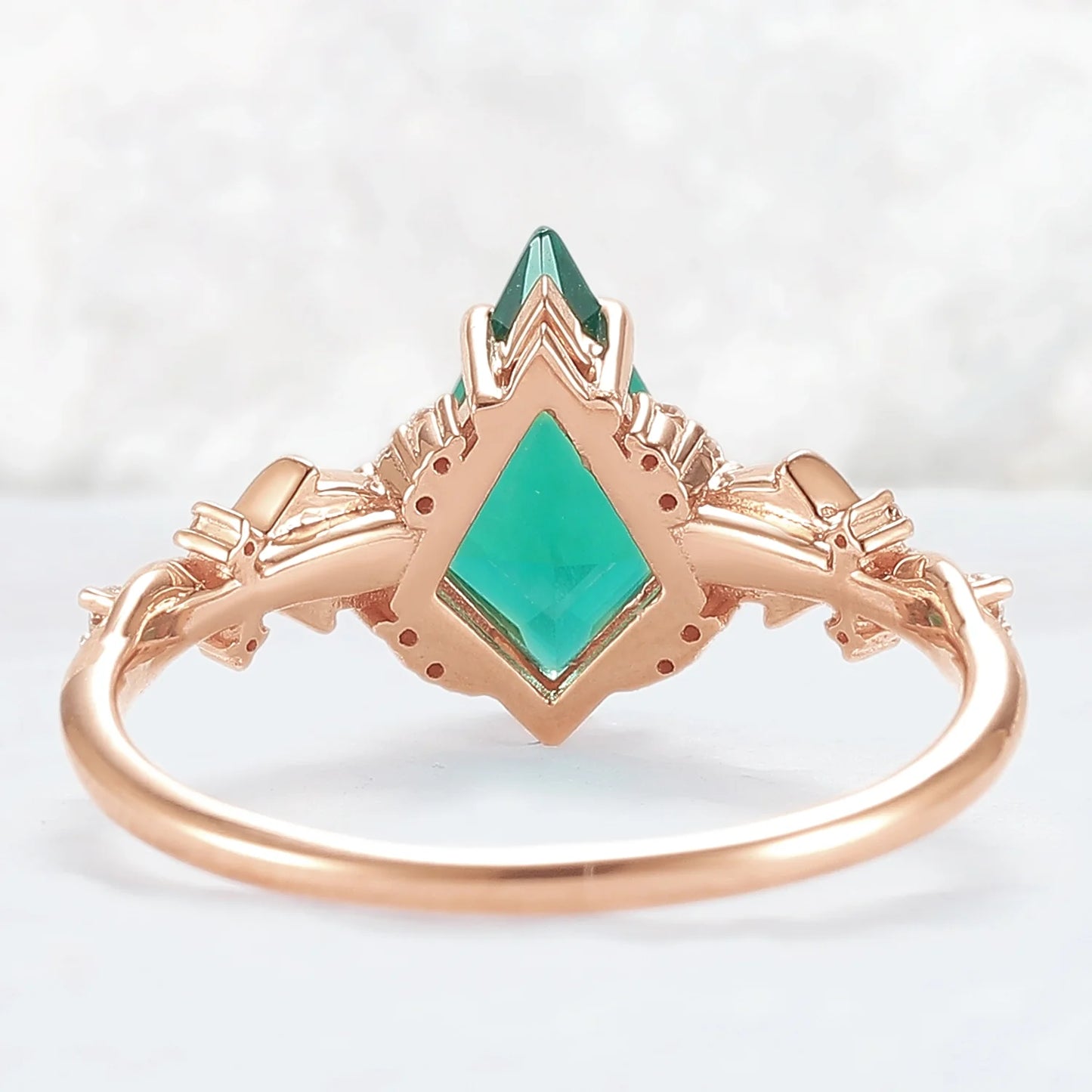 Unique Kite Cut Emerald with Moissanite Vine Gemstone Ring