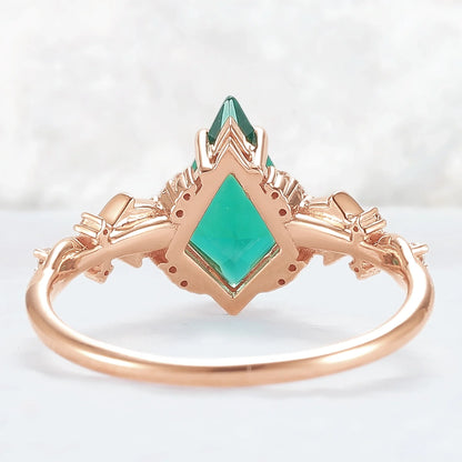 Unique Kite Cut Emerald with Moissanite Vine Gemstone Ring