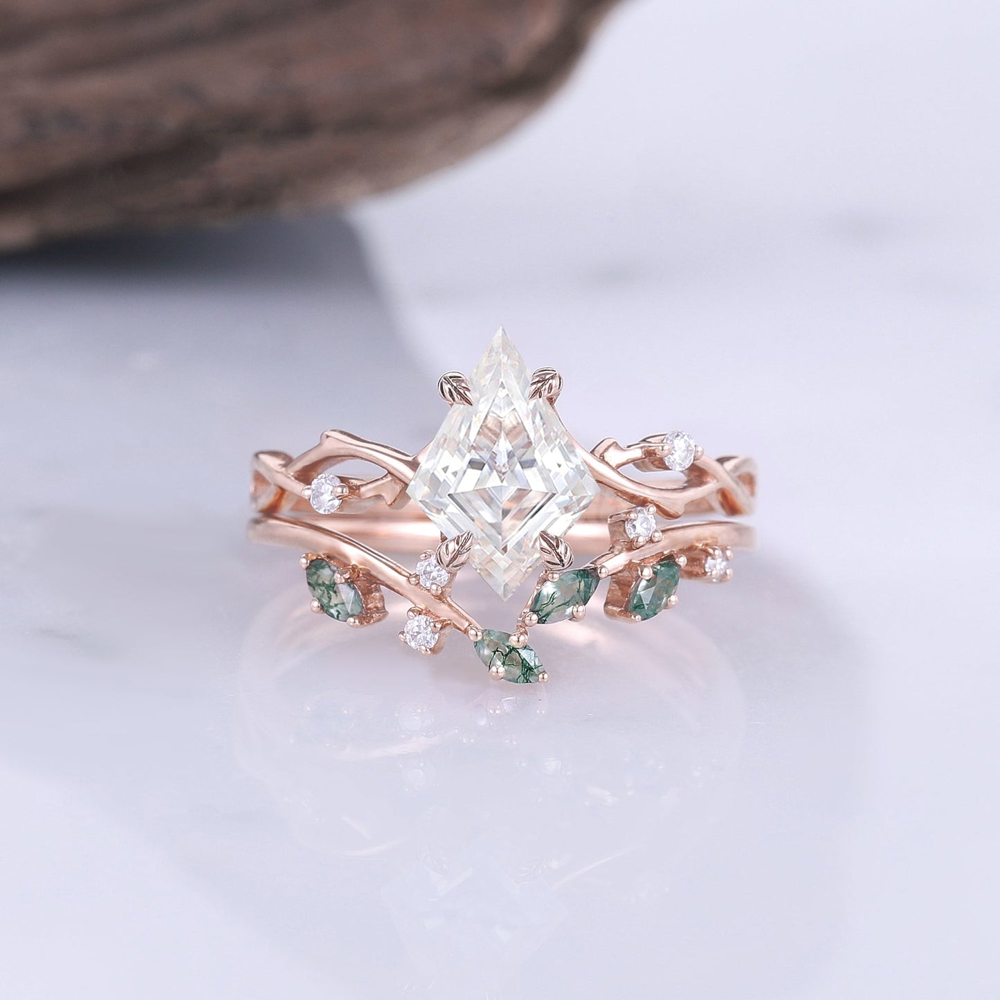 Unique Kite Cut Moissanite Leaf and Vine Gemstone Ring Set 2pcs