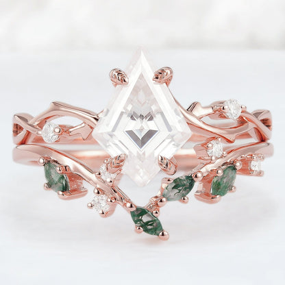 Unique Kite Cut Moissanite Leaf and Vine Gemstone Ring Set 2pcs