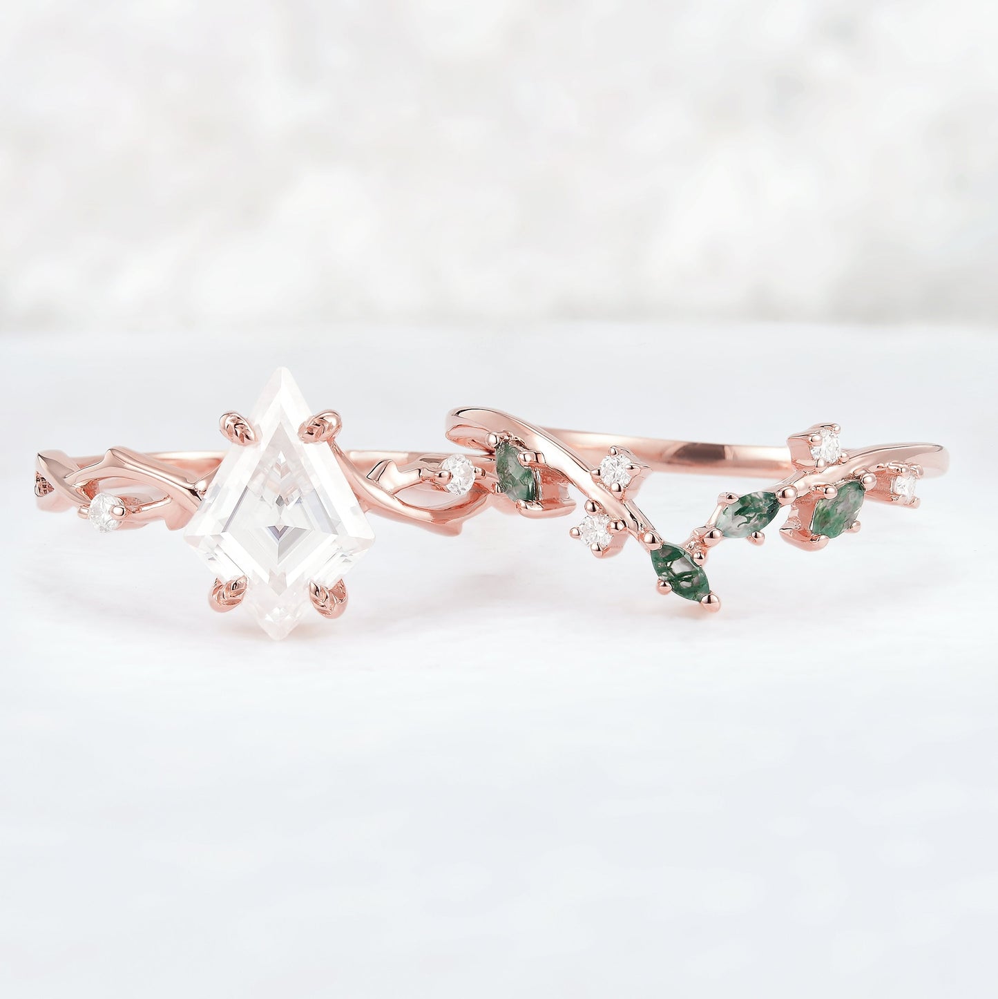 Unique Kite Cut Moissanite Leaf and Vine Gemstone Ring Set 2pcs