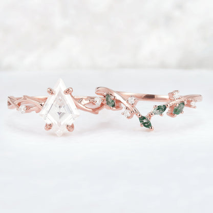 Unique Kite Cut Moissanite Leaf and Vine Gemstone Ring Set 2pcs