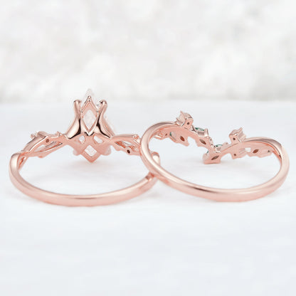 Unique Kite Cut Moissanite Leaf and Vine Gemstone Ring Set 2pcs