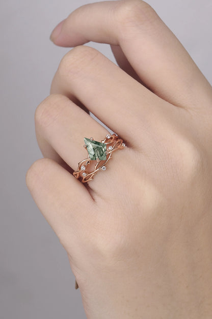 Unique Kite Cut Moss Agate Leaf and Vine Gemstone Ring Set 2pcs