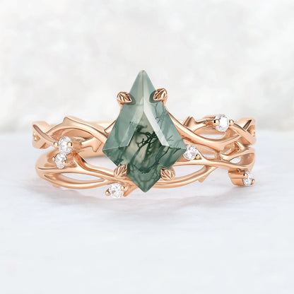 Unique Kite Cut Moss Agate Leaf and Vine Gemstone Ring Set 2pcs